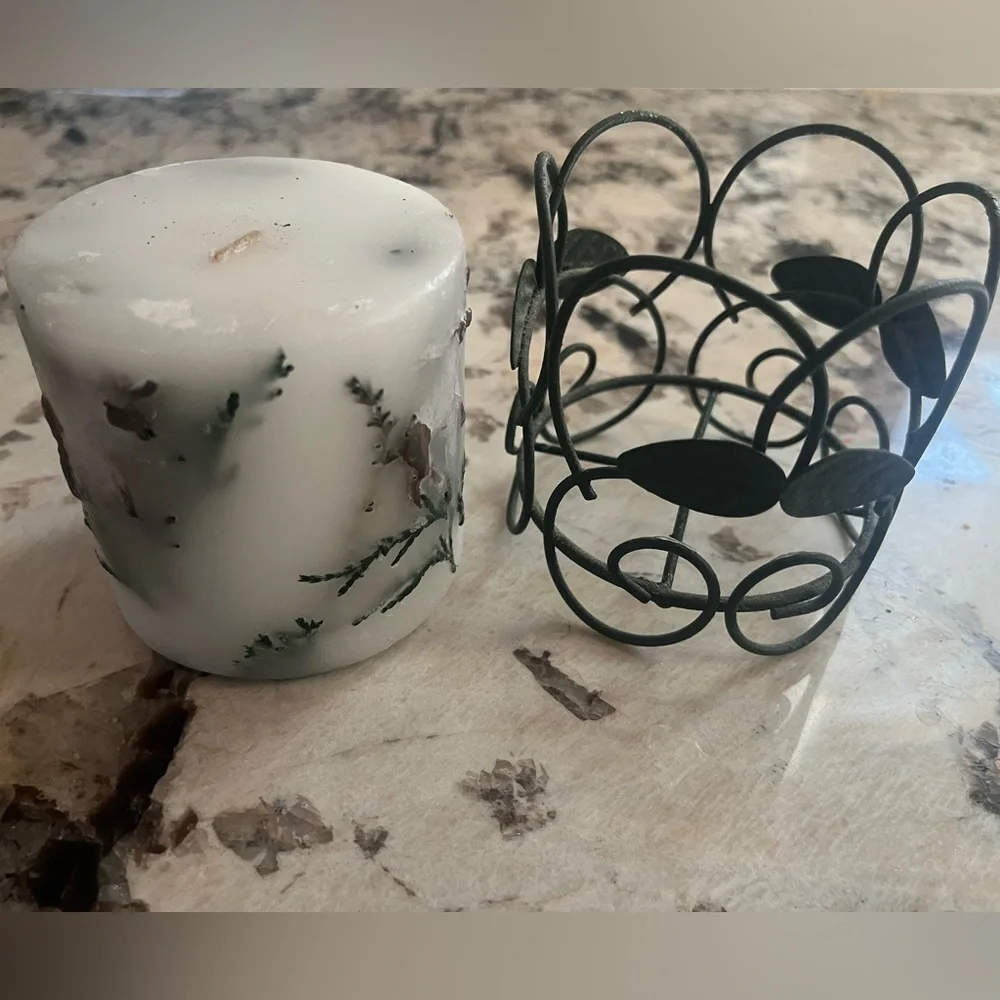Decorative White Candle with Moose and greenery embedded & Green Leaf Holder.